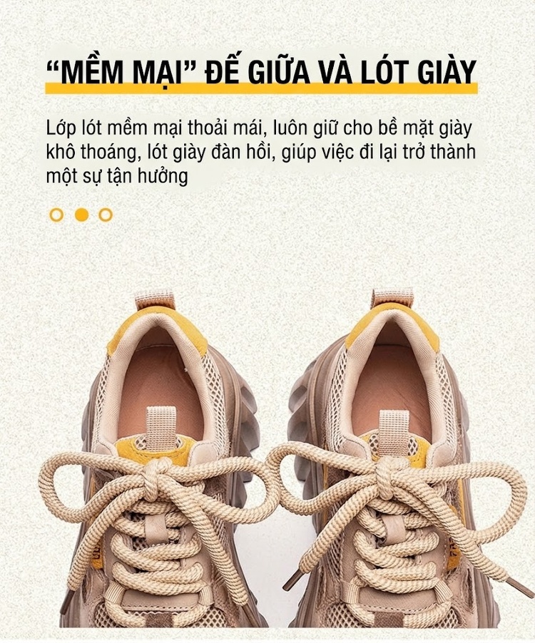 Giày Sneaker Nữ Da Bò Buộc Dây Đế Bánh Mì Chiều Cao Đế Khoảng 5cm Màu Nâu, Be chi tiết 6