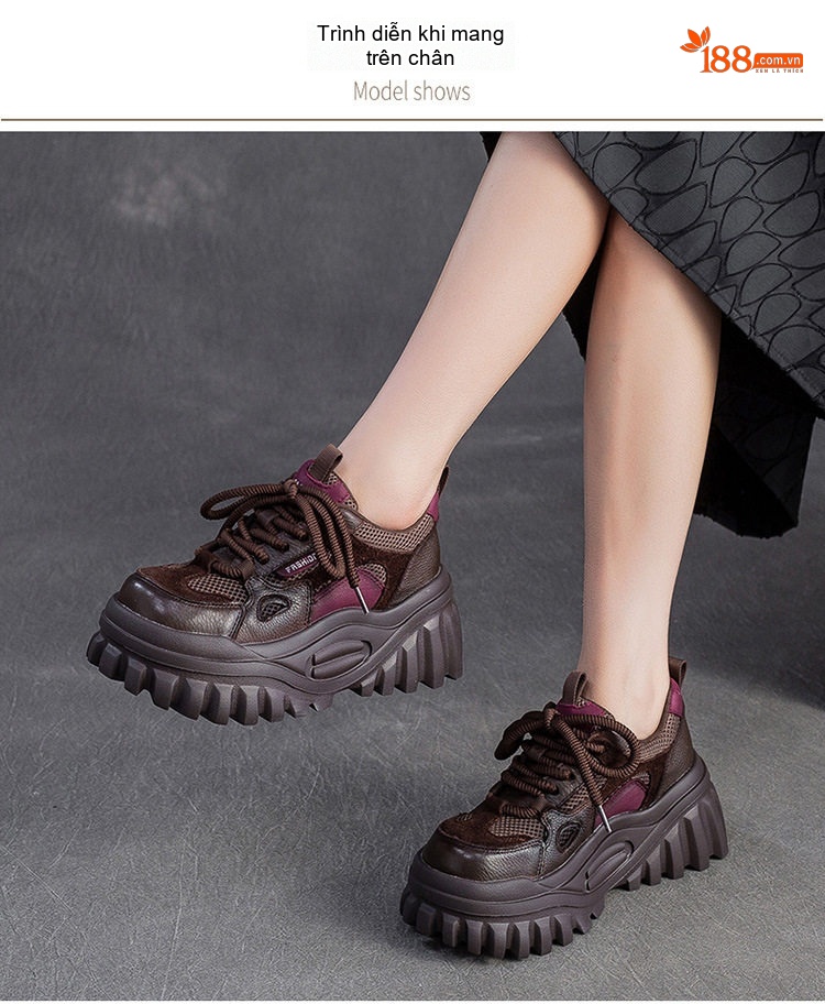 Giày Sneaker Nữ Da Bò Buộc Dây Đế Bánh Mì Chiều Cao Đế Khoảng 5cm Màu Nâu, Be chi tiết 7