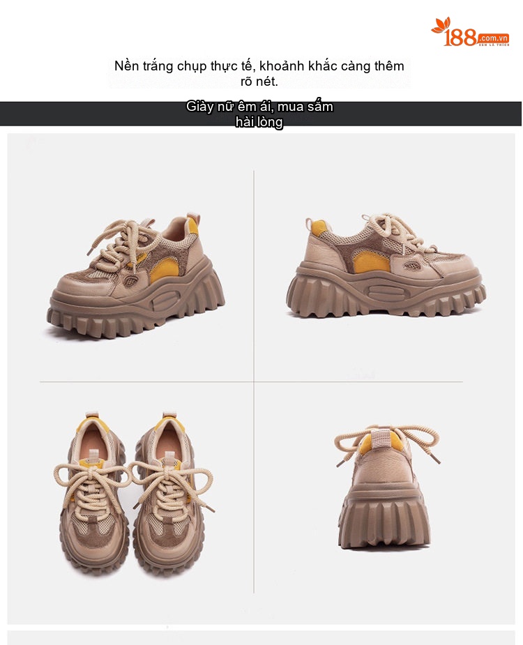 Giày Sneaker Nữ Da Bò Buộc Dây Đế Bánh Mì Chiều Cao Đế Khoảng 5cm Màu Nâu, Be chi tiết 16