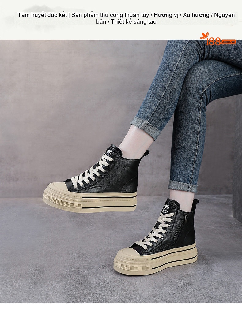 Giày Sneaker Nữ Da Bò Cao Cổ Đế Cao Khoảng 5cm Màu Nâu, Đen chi tiết 1