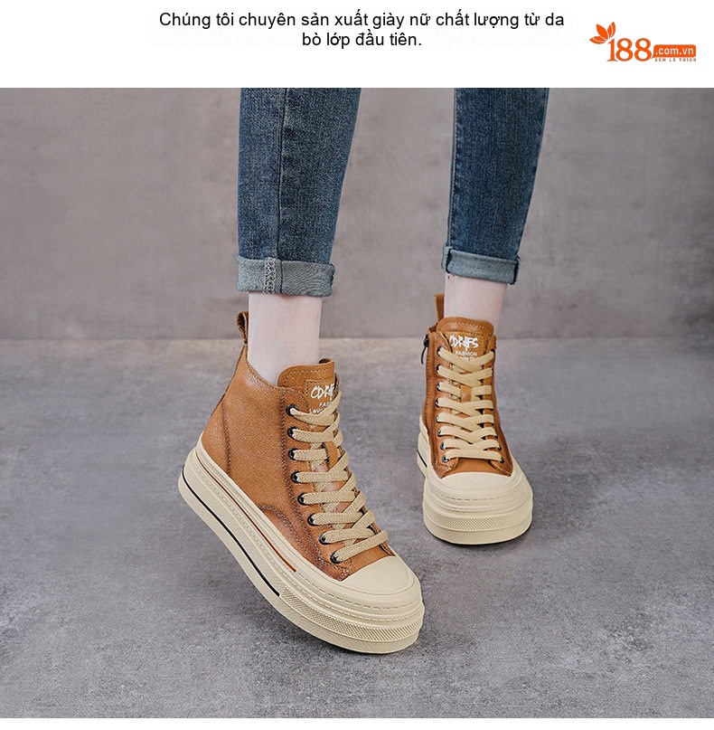 Giày Sneaker Nữ Da Bò Cao Cổ Đế Cao Khoảng 5cm Màu Nâu, Đen chi tiết 2