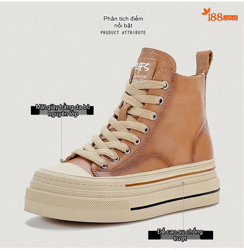 Giày Sneaker Nữ Da Bò Cao Cổ Đế Cao Khoảng 5cm Màu Nâu, Đen chi tiết 3