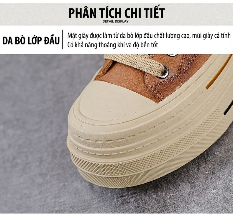 Giày Sneaker Nữ Da Bò Cao Cổ Đế Cao Khoảng 5cm Màu Nâu, Đen chi tiết 5
