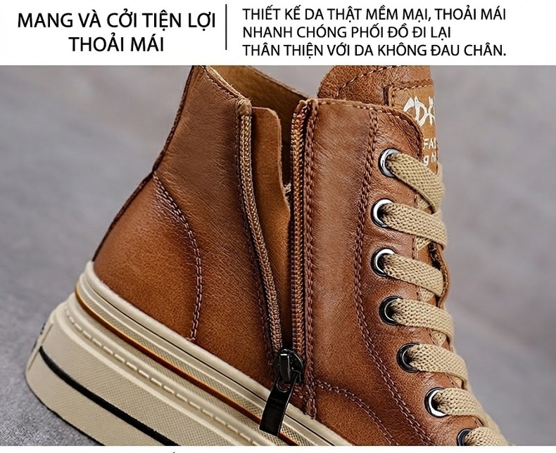 Giày Sneaker Nữ Da Bò Cao Cổ Đế Cao Khoảng 5cm Màu Nâu, Đen chi tiết 7