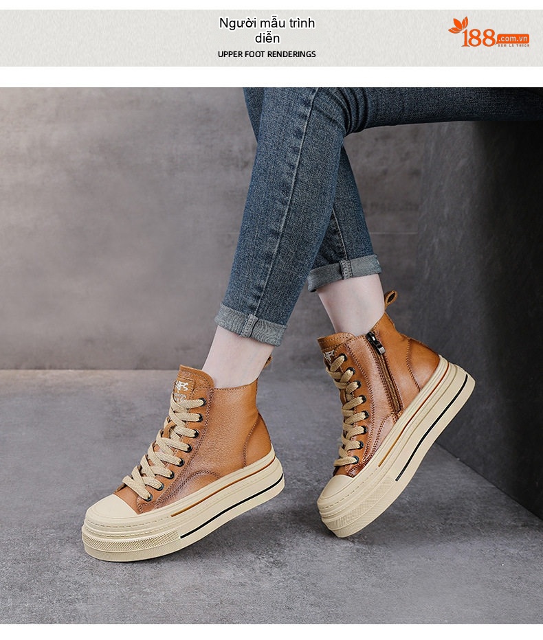 Giày Sneaker Nữ Da Bò Cao Cổ Đế Cao Khoảng 5cm Màu Nâu, Đen chi tiết 10