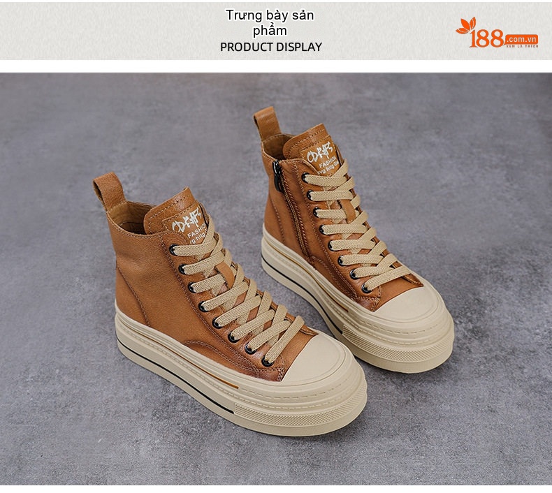 Giày Sneaker Nữ Da Bò Cao Cổ Đế Cao Khoảng 5cm Màu Nâu, Đen chi tiết 11