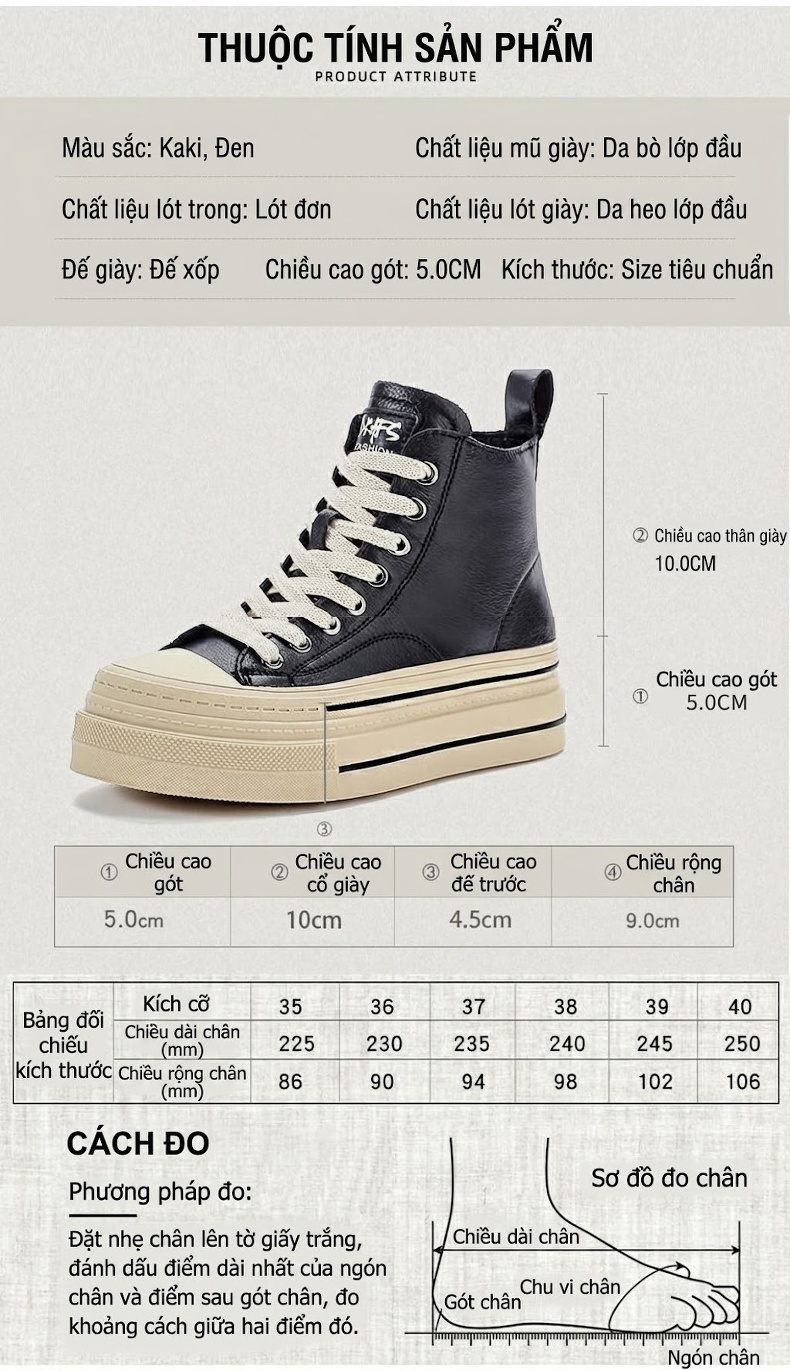 Giày Sneaker Nữ Da Bò Cao Cổ Đế Cao Khoảng 5cm Màu Nâu, Đen chi tiết 4