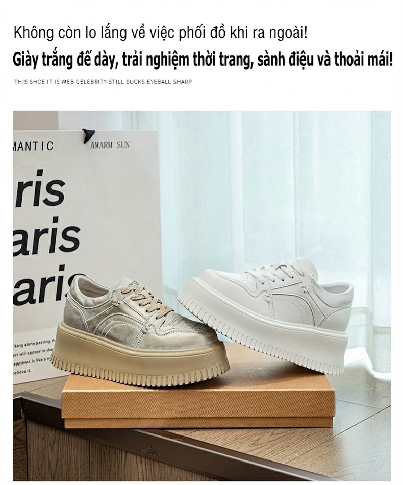 Giày Sneaker Nữ Da Bò Đế Bằng Chiều Cao Đế Khoảng 5cm Màu Trắng, Be chi tiết 8