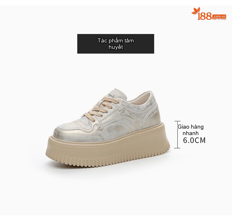 Giày Sneaker Nữ Da Bò Đế Bằng Chiều Cao Đế Khoảng 5cm Màu Trắng, Be chi tiết 9