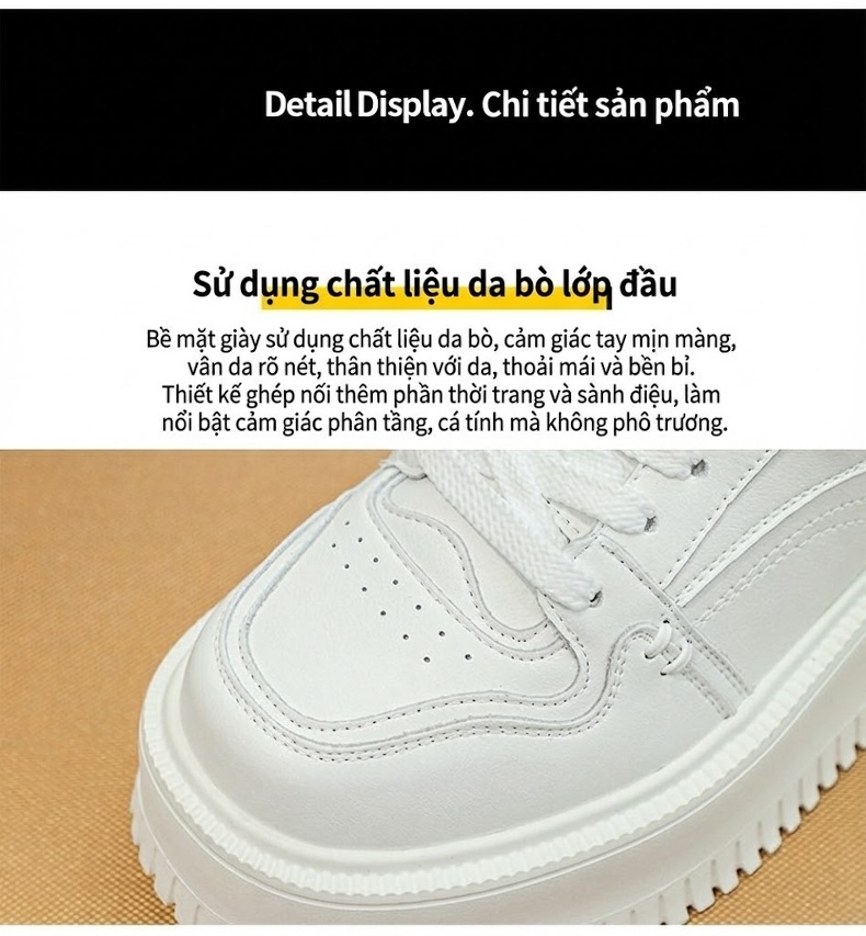 Giày Sneaker Nữ Da Bò Đế Bằng Chiều Cao Đế Khoảng 5cm Màu Trắng, Be chi tiết 11