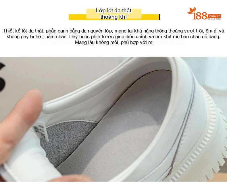 Giày Sneaker Nữ Da Bò Đế Bằng Chiều Cao Đế Khoảng 5cm Màu Trắng, Be chi tiết 12