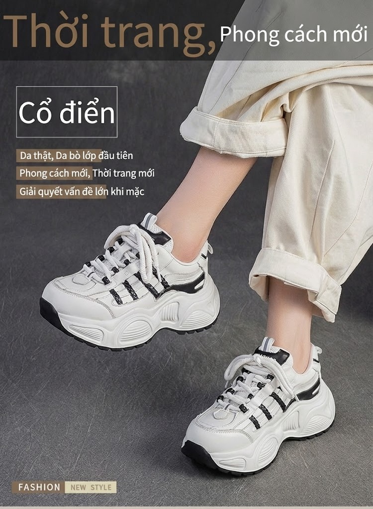 Giày Sneaker Nữ Da Bò Đế Bánh Mì Chiều Cao Đế Khoảng 5cm Màu Trắng, Đen chi tiết 2