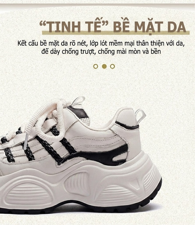 Giày Sneaker Nữ Da Bò Đế Bánh Mì Chiều Cao Đế Khoảng 5cm Màu Trắng, Đen chi tiết 3