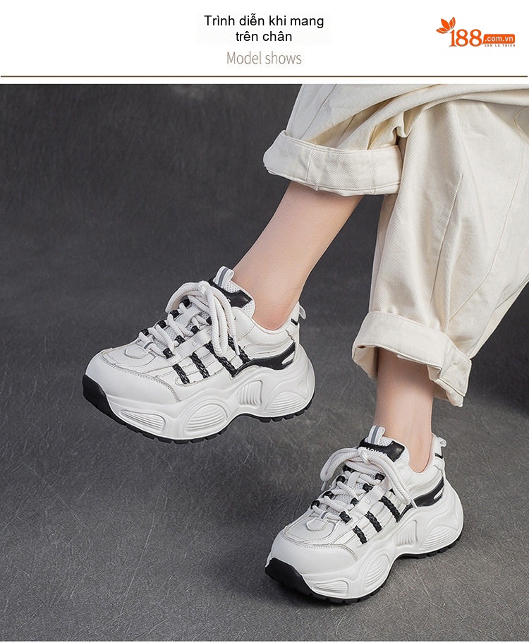Giày Sneaker Nữ Da Bò Đế Bánh Mì Chiều Cao Đế Khoảng 5cm Màu Trắng, Đen chi tiết 7