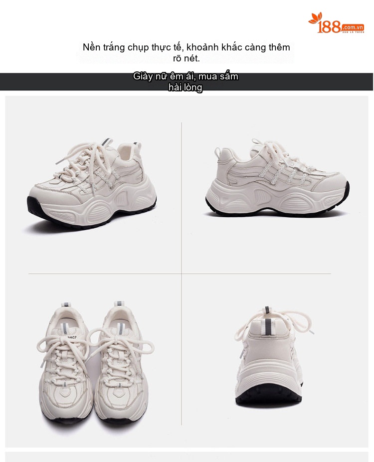 Giày Sneaker Nữ Da Bò Đế Bánh Mì Chiều Cao Đế Khoảng 5cm Màu Trắng, Đen chi tiết 16