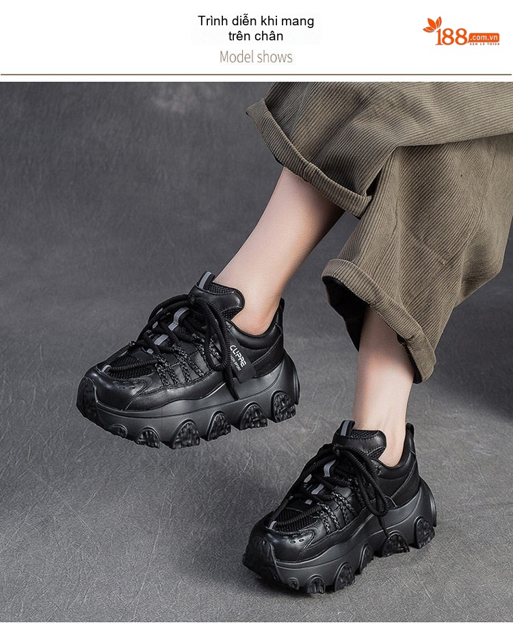 Giày Sneaker Nữ Da Bò Đế Bánh Mì Chiều Cao Đế Khoảng 5cm Màu Trắng, Đen chi tiết 7