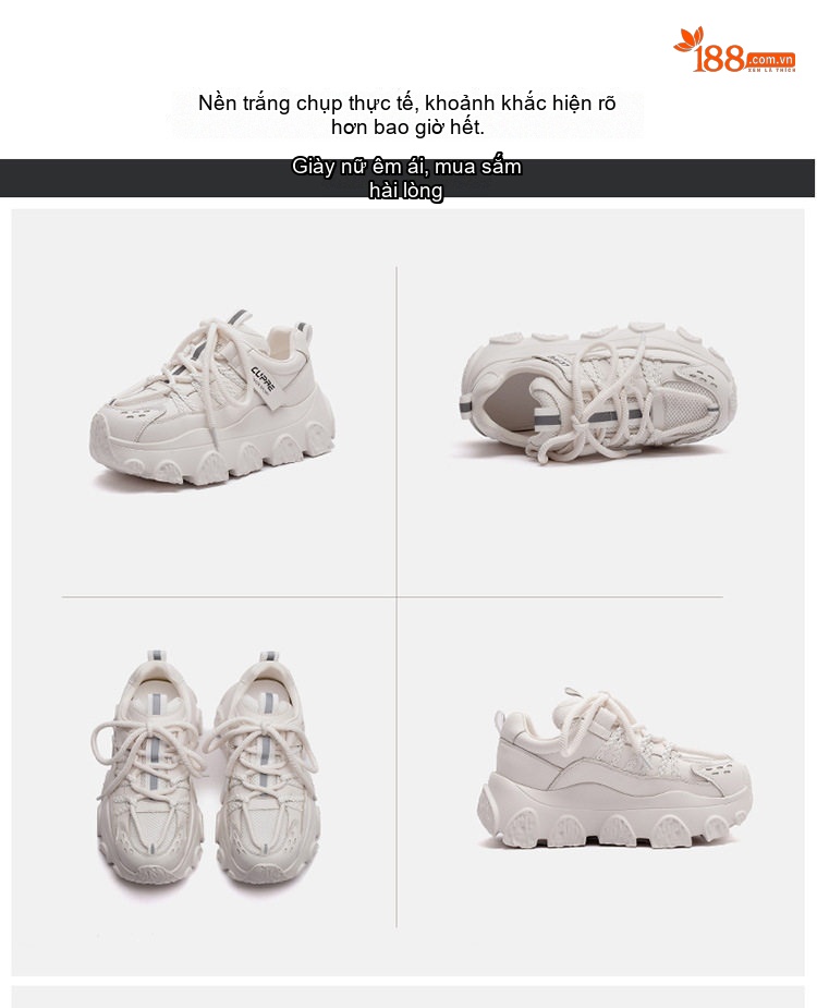 Giày Sneaker Nữ Da Bò Đế Bánh Mì Chiều Cao Đế Khoảng 5cm Màu Trắng, Đen chi tiết 16