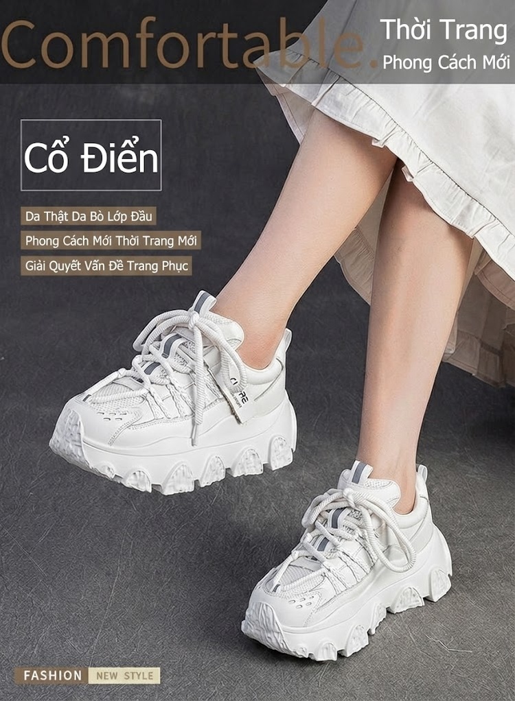 Giày Sneaker Nữ Da Bò Đế Bánh Mì Chiều Cao Đế Khoảng 5cm Màu Trắng, Đen chi tiết 2