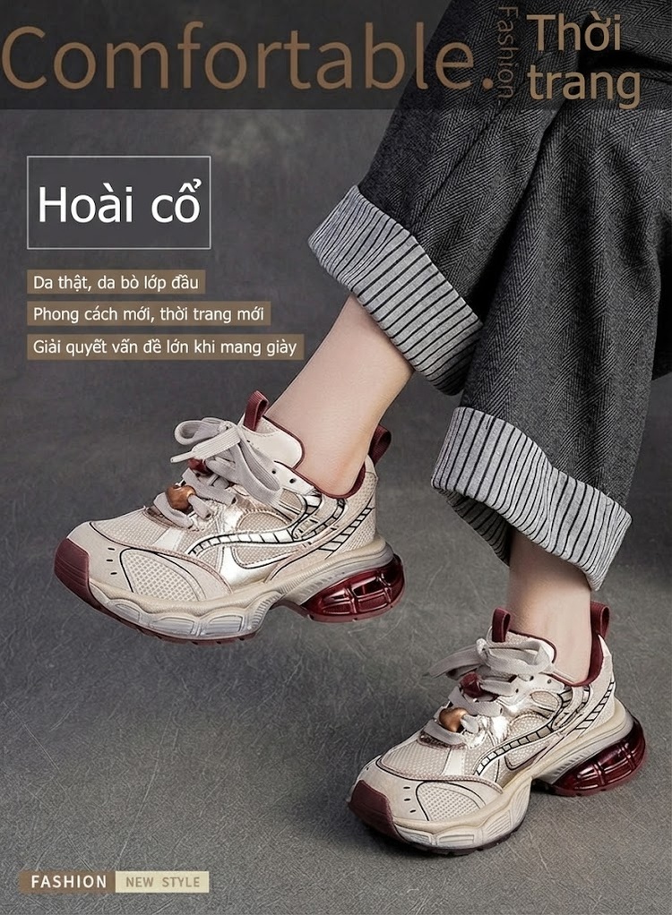 Giày Sneaker Nữ Da Bò Đế Bánh Mì Chiều Cao Đế Khoảng 5cm Phong Cách Thể Thao Màu Be, Xám chi tiết 2