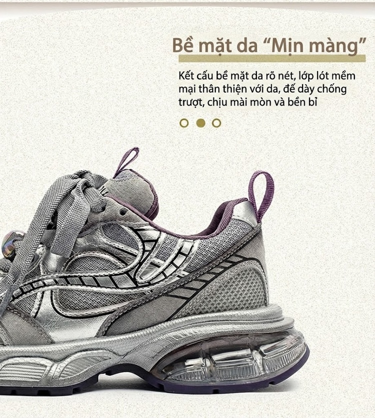 Giày Sneaker Nữ Da Bò Đế Bánh Mì Chiều Cao Đế Khoảng 5cm Phong Cách Thể Thao Màu Be, Xám chi tiết 3