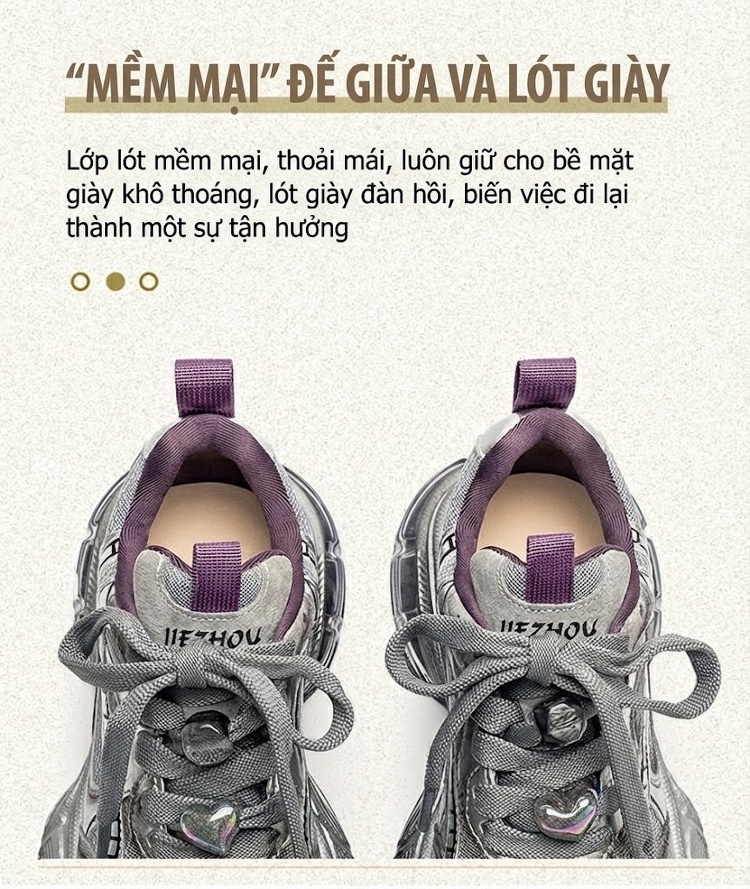 Giày Sneaker Nữ Da Bò Đế Bánh Mì Chiều Cao Đế Khoảng 5cm Phong Cách Thể Thao Màu Be, Xám chi tiết 6