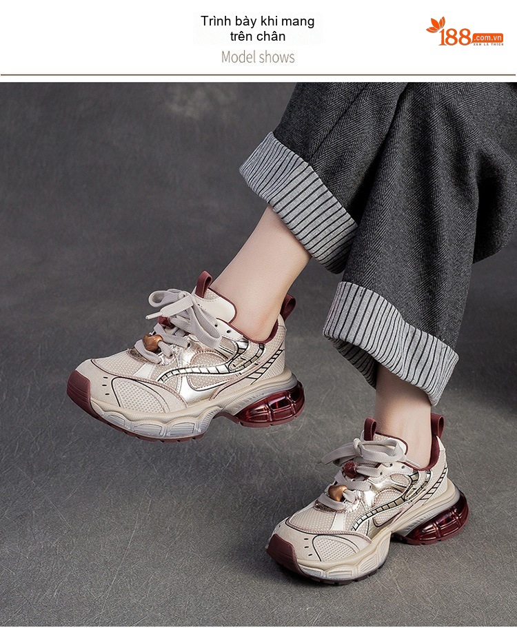 Giày Sneaker Nữ Da Bò Đế Bánh Mì Chiều Cao Đế Khoảng 5cm Phong Cách Thể Thao Màu Be, Xám chi tiết 7