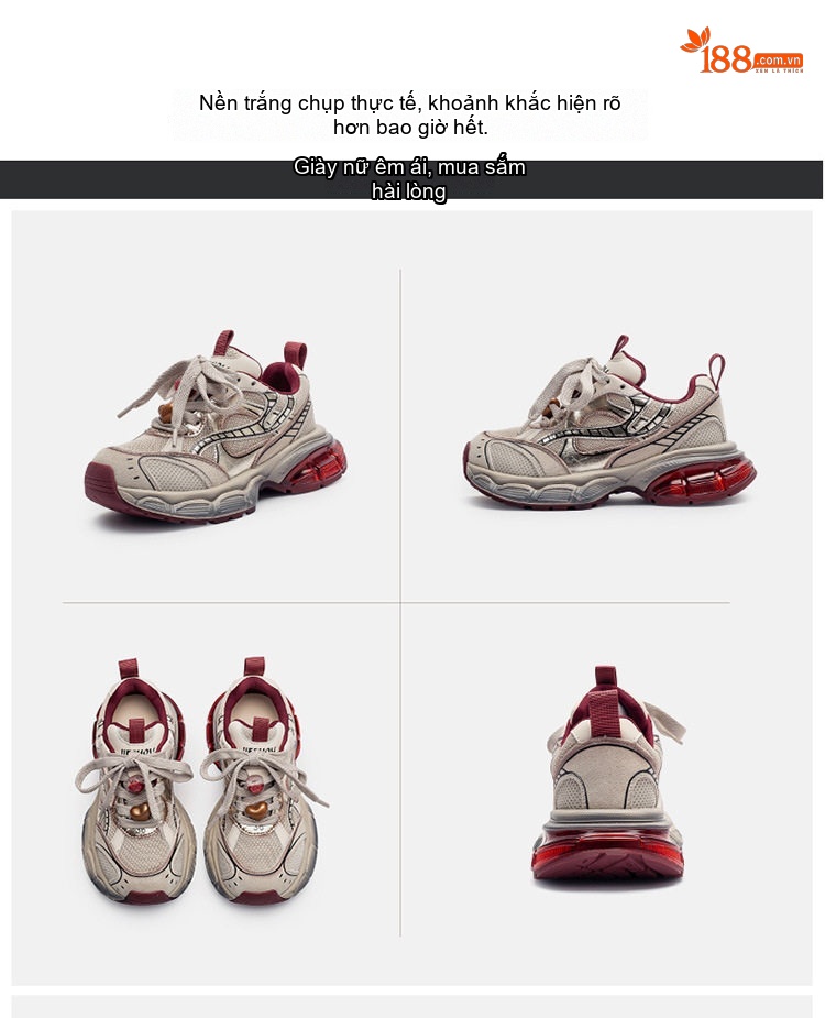 Giày Sneaker Nữ Da Bò Đế Bánh Mì Chiều Cao Đế Khoảng 5cm Phong Cách Thể Thao Màu Be, Xám chi tiết 16