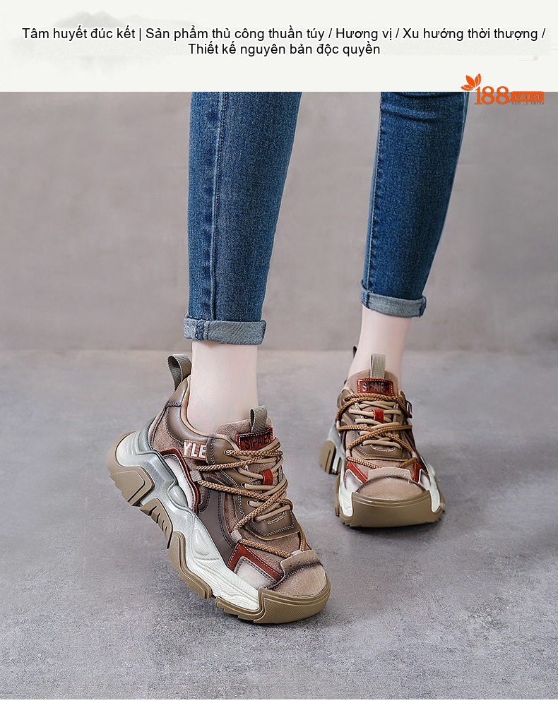Giày Sneaker Nữ Da Bò Đế Dày Chiều Cao Đế Khoảng 5cm Màu Xanh Lá, Nâu, Đen, Đỏ... chi tiết 1