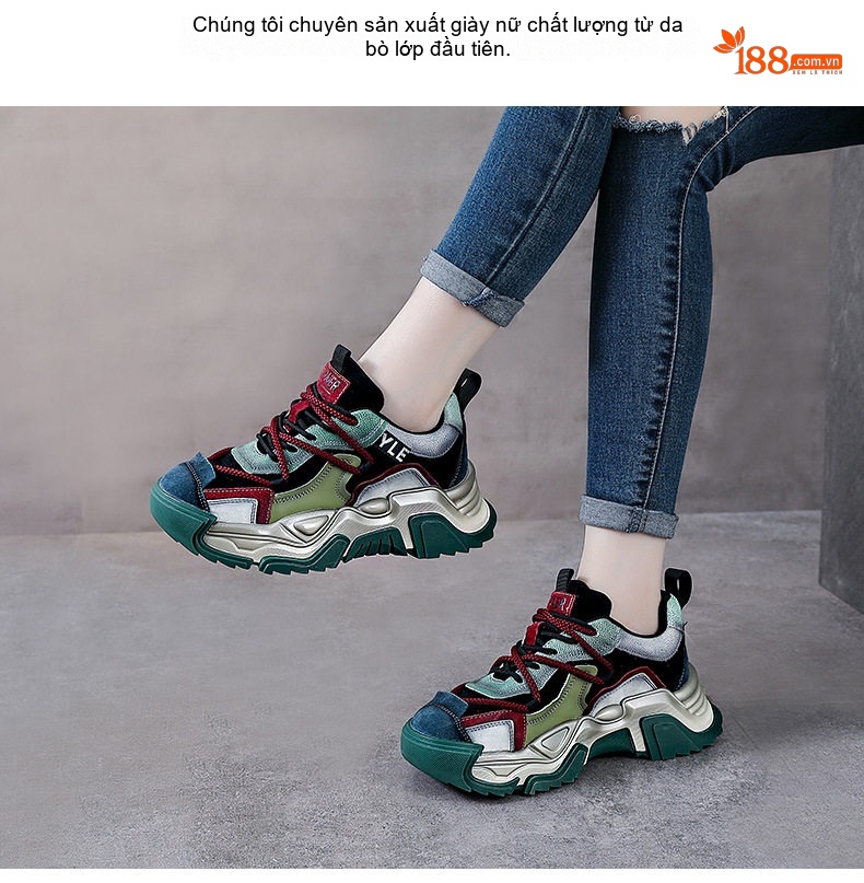 Giày Sneaker Nữ Da Bò Đế Dày Chiều Cao Đế Khoảng 5cm Màu Xanh Lá, Nâu, Đen, Đỏ... chi tiết 2
