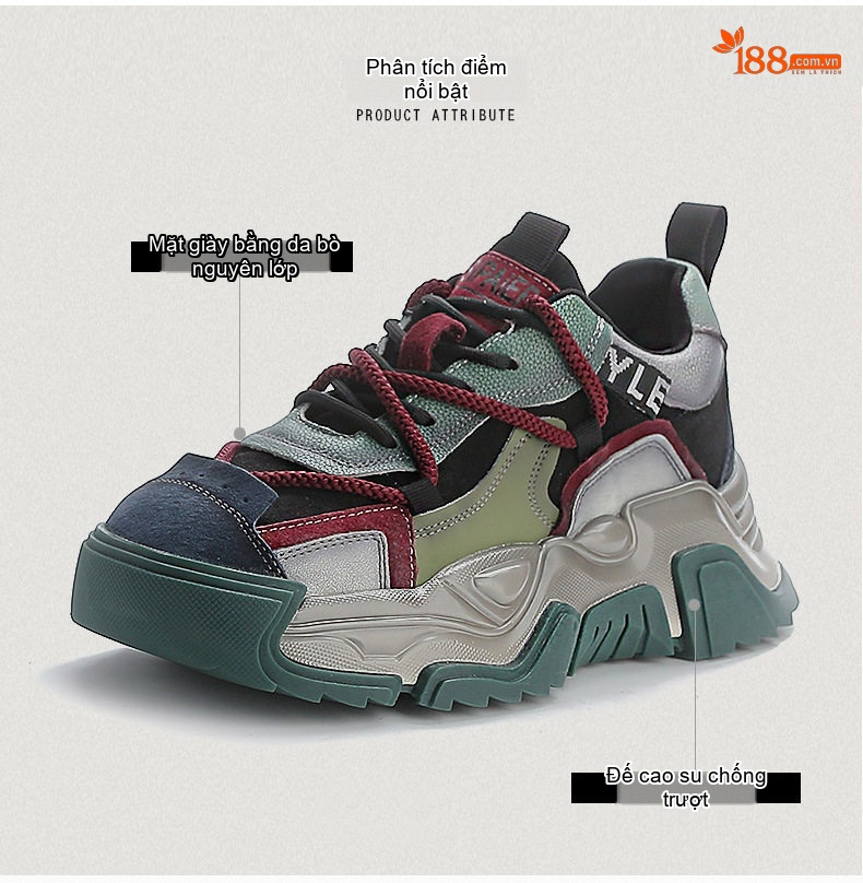 Giày Sneaker Nữ Da Bò Đế Dày Chiều Cao Đế Khoảng 5cm Màu Xanh Lá, Nâu, Đen, Đỏ... chi tiết 3