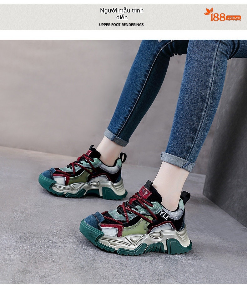 Giày Sneaker Nữ Da Bò Đế Dày Chiều Cao Đế Khoảng 5cm Màu Xanh Lá, Nâu, Đen, Đỏ... chi tiết 9