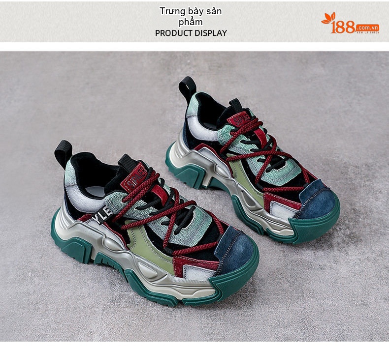 Giày Sneaker Nữ Da Bò Đế Dày Chiều Cao Đế Khoảng 5cm Màu Xanh Lá, Nâu, Đen, Đỏ... chi tiết 10