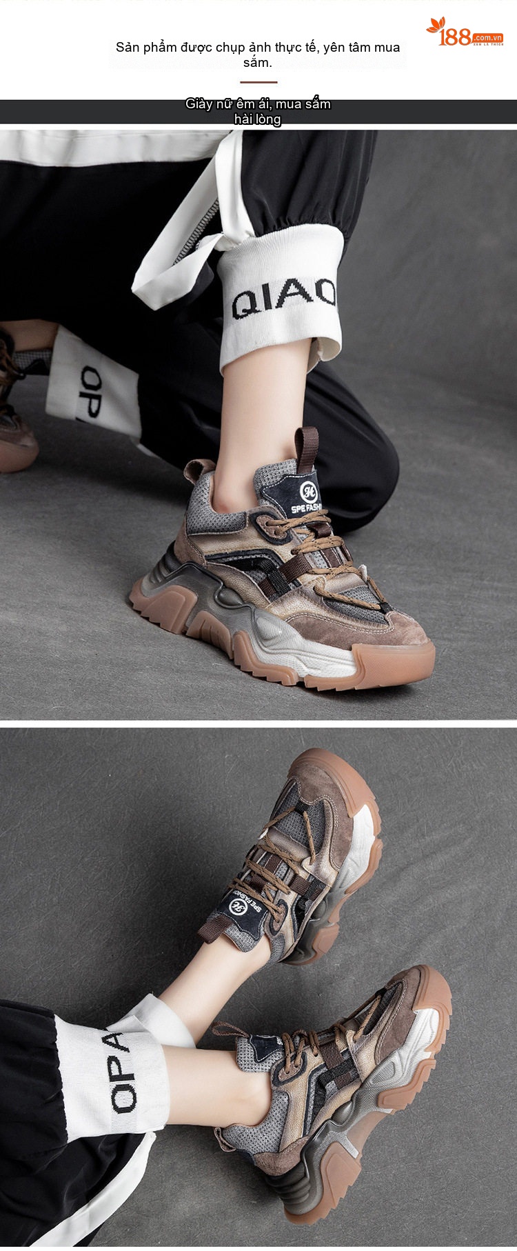 Giày Sneaker Nữ Da Bò Đế Dày Phong Cách Retro Chiều Cao Đế Khoảng 5cm Màu Xám, Nâu, Đen, Tím... chi tiết 8