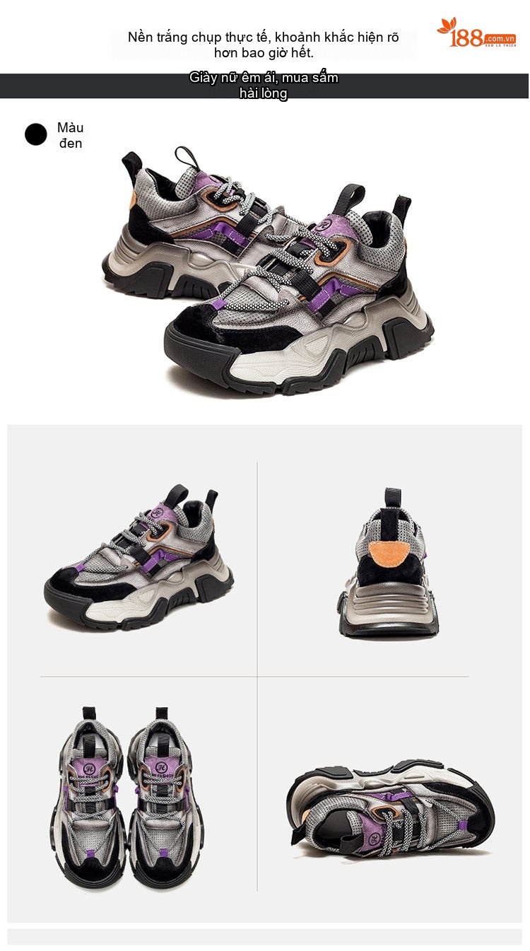 Giày Sneaker Nữ Da Bò Đế Dày Phong Cách Retro Chiều Cao Đế Khoảng 5cm Màu Xám, Nâu, Đen, Tím... chi tiết 16
