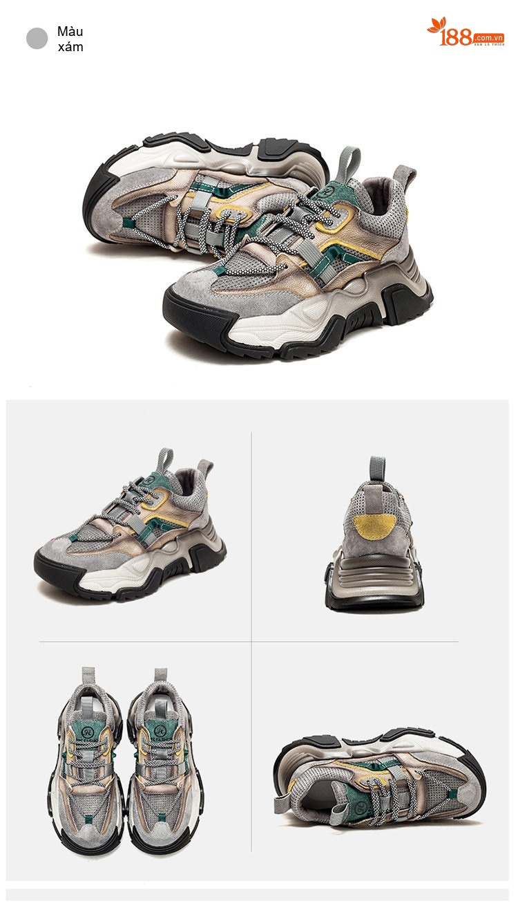 Giày Sneaker Nữ Da Bò Đế Dày Phong Cách Retro Chiều Cao Đế Khoảng 5cm Màu Xám, Nâu, Đen, Tím... chi tiết 18