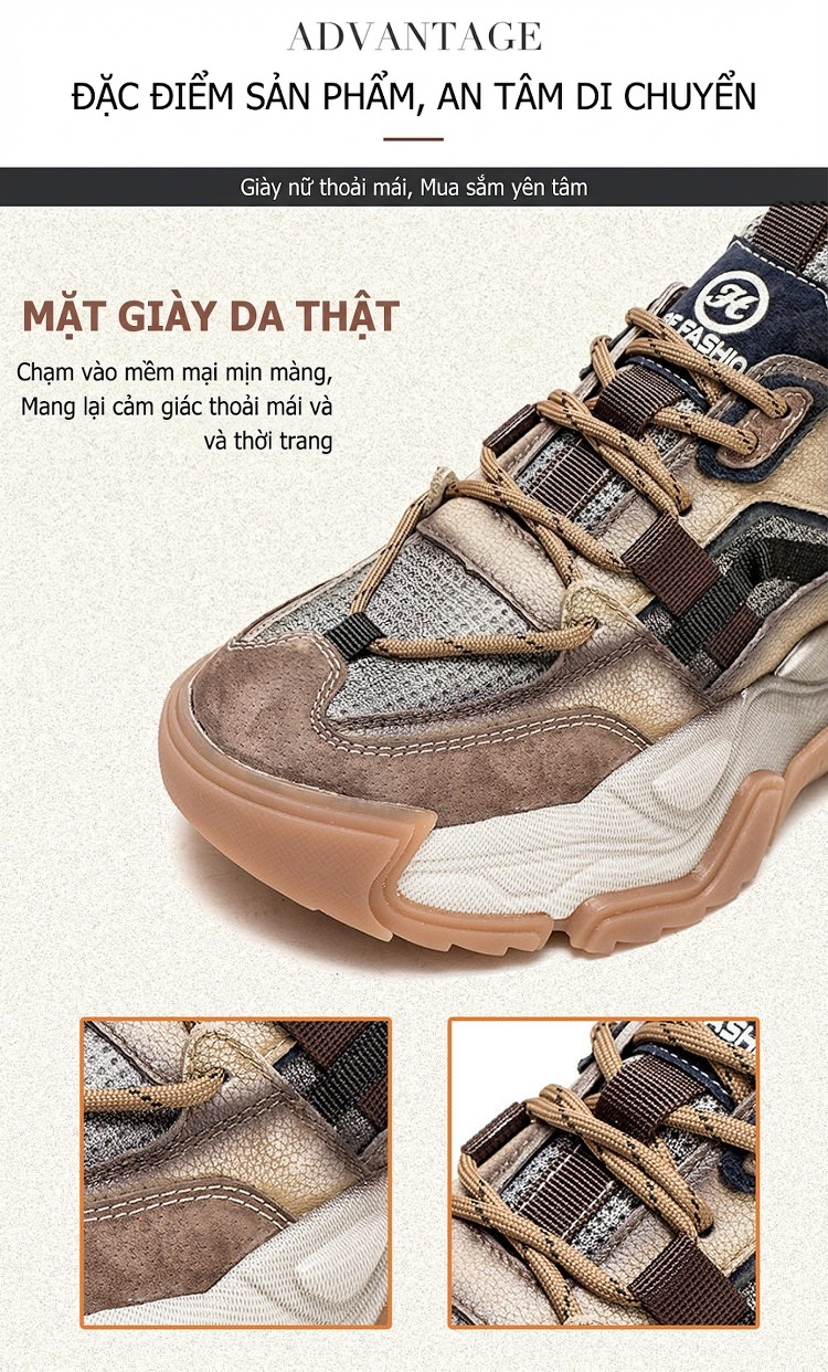 Giày Sneaker Nữ Da Bò Đế Dày Phong Cách Retro Chiều Cao Đế Khoảng 5cm Màu Xám, Nâu, Đen, Tím... chi tiết 4