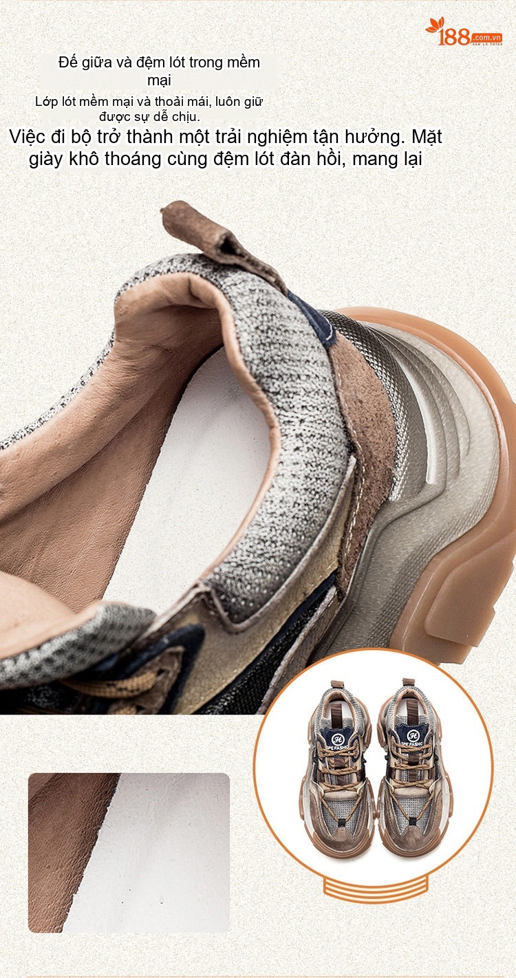 Giày Sneaker Nữ Da Bò Đế Dày Phong Cách Retro Chiều Cao Đế Khoảng 5cm Màu Xám, Nâu, Đen, Tím... chi tiết 6