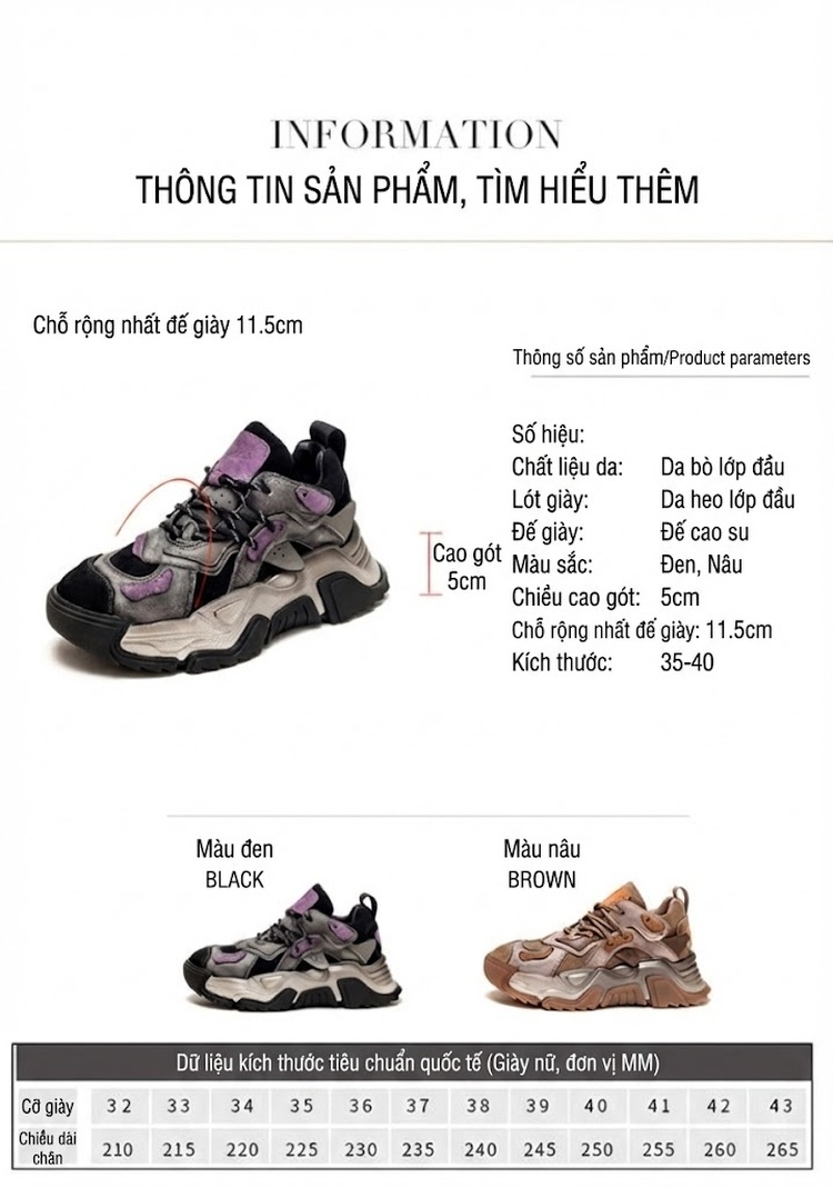 Giày Sneaker Nữ Da Bò Kiểu Dáng Retro Chiều Cao Đế Khoảng 5cm Màu Nâu, Xám, Đen, Tím... chi tiết 2
