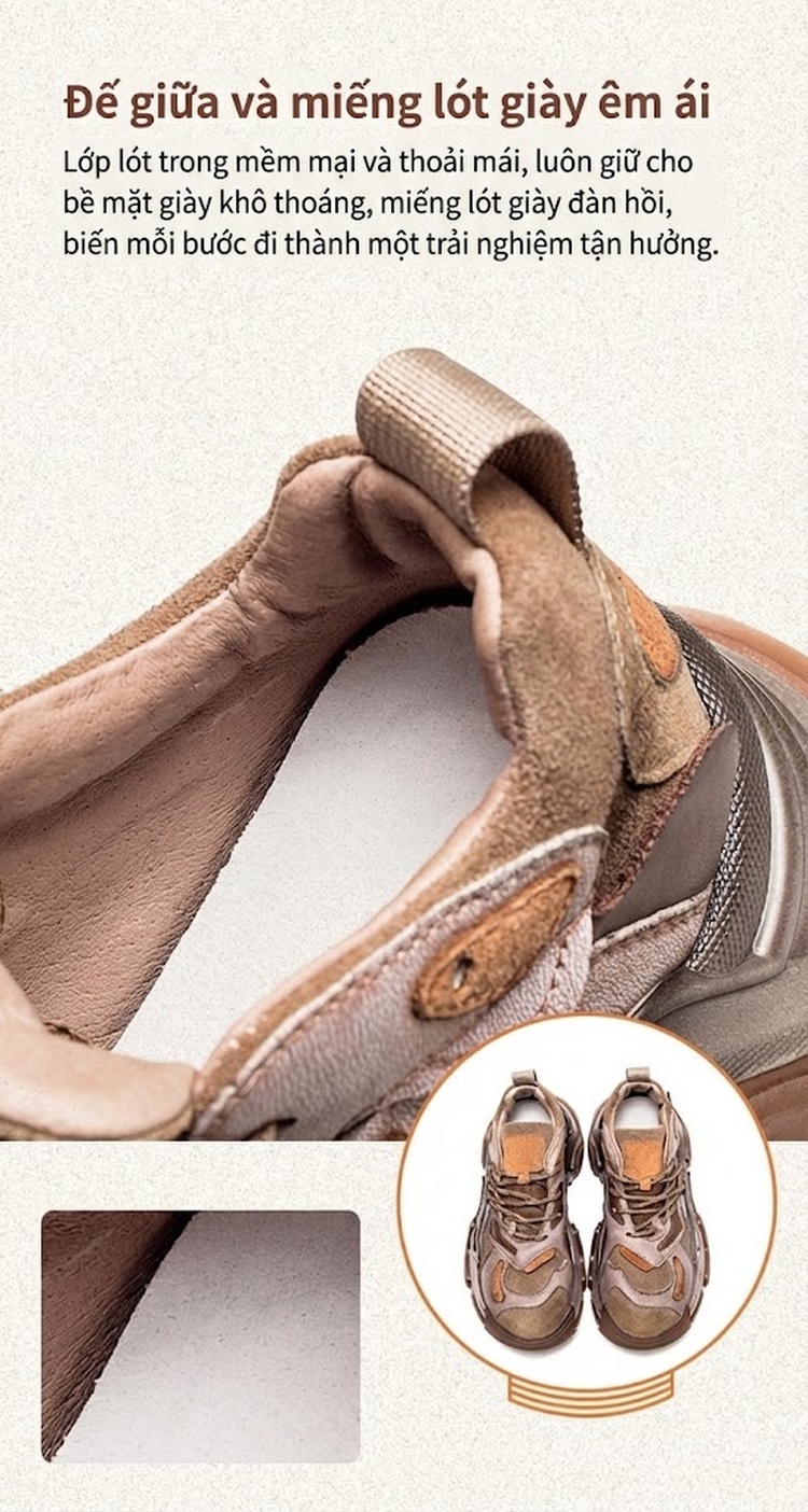 Giày Sneaker Nữ Da Bò Kiểu Dáng Retro Chiều Cao Đế Khoảng 5cm Màu Nâu, Xám, Đen, Tím... chi tiết 5