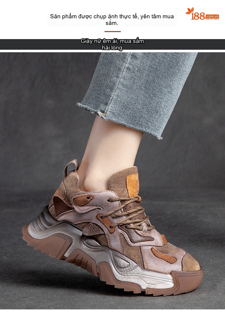 Giày Sneaker Nữ Da Bò Kiểu Dáng Retro Chiều Cao Đế Khoảng 5cm Màu Nâu, Xám, Đen, Tím... chi tiết 7
