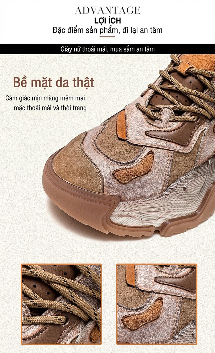 Giày Sneaker Nữ Da Bò Kiểu Dáng Retro Chiều Cao Đế Khoảng 5cm Màu Nâu, Xám, Đen, Tím... chi tiết 3