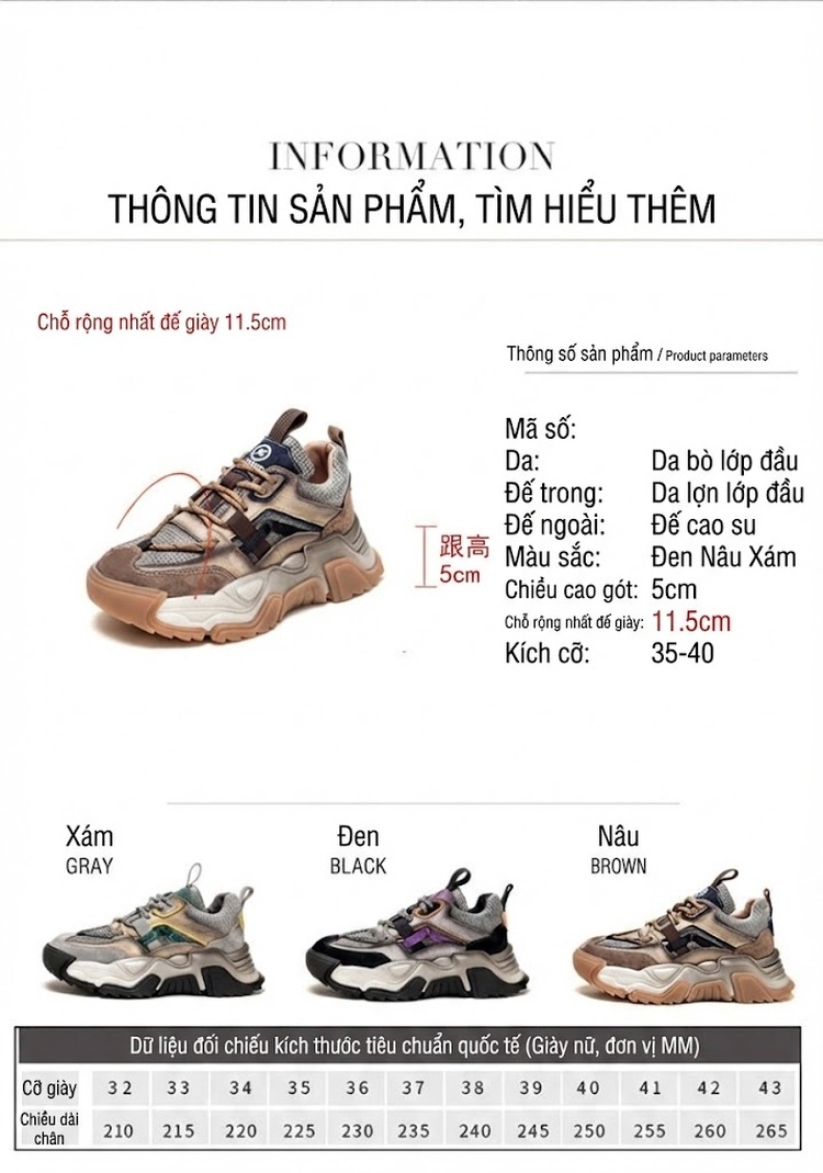 Giày Sneaker Nữ Da Bò Kiểu Dáng Thời Trang Chiều Cao Đế Khoảng 5cm Màu Xám, Nâu, Đen, Tím... chi tiết 2