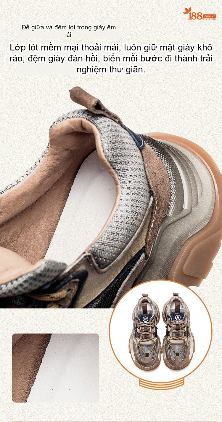 Giày Sneaker Nữ Da Bò Kiểu Dáng Thời Trang Chiều Cao Đế Khoảng 5cm Màu Xám, Nâu, Đen, Tím... chi tiết 5
