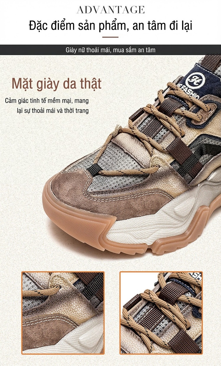 Giày Sneaker Nữ Da Bò Kiểu Dáng Thời Trang Chiều Cao Đế Khoảng 5cm Màu Xám, Nâu, Đen, Tím... chi tiết 3