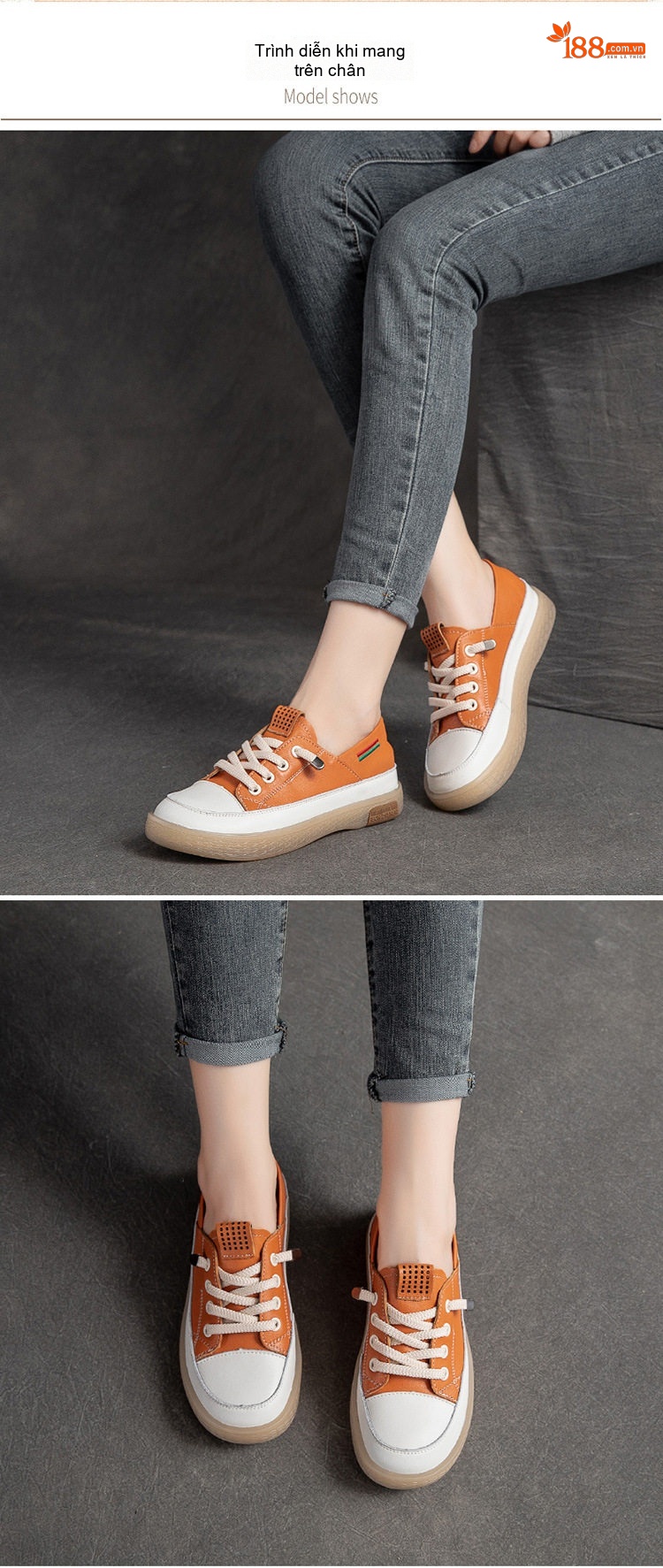 Giày Sneaker Nữ Da Bò Kiểu Hàn Quốc Chiều Cao Đế Khoảng 3cm Màu Trắng, Đen, Cam, Xanh... chi tiết 7
