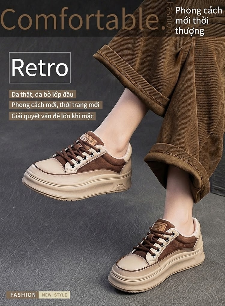 Giày Sneaker Nữ Da Bò Lớp Đầu Chiều Cao Đế Khoảng 4cm Phong Cách Hàn Quốc Màu Be, Nâu chi tiết 1
