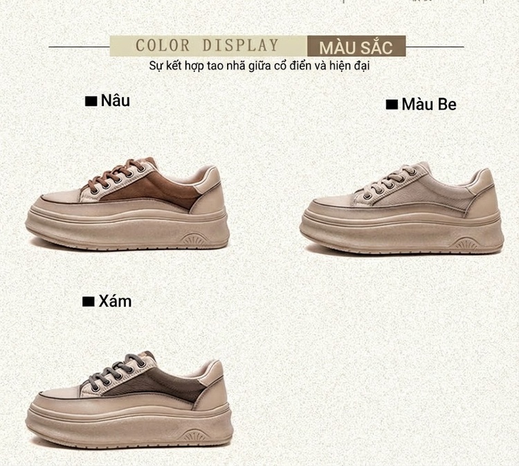 Giày Sneaker Nữ Da Bò Lớp Đầu Chiều Cao Đế Khoảng 4cm Phong Cách Hàn Quốc Màu Be, Nâu chi tiết 2