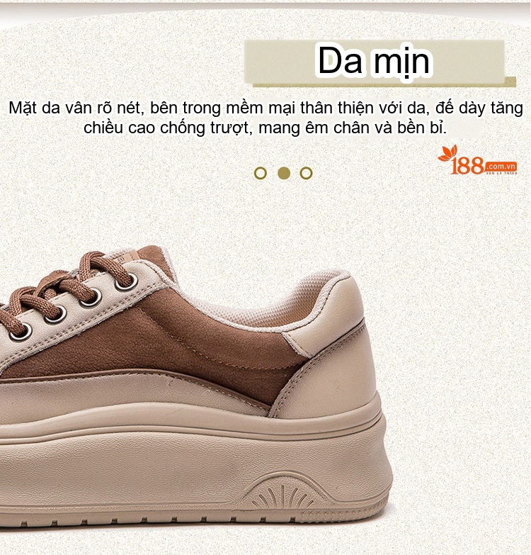 Giày Sneaker Nữ Da Bò Lớp Đầu Chiều Cao Đế Khoảng 4cm Phong Cách Hàn Quốc Màu Be, Nâu chi tiết 3