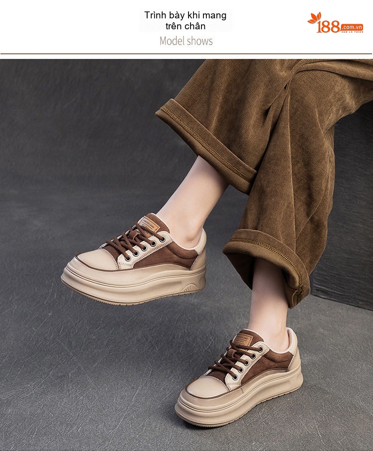 Giày Sneaker Nữ Da Bò Lớp Đầu Chiều Cao Đế Khoảng 4cm Phong Cách Hàn Quốc Màu Be, Nâu chi tiết 7