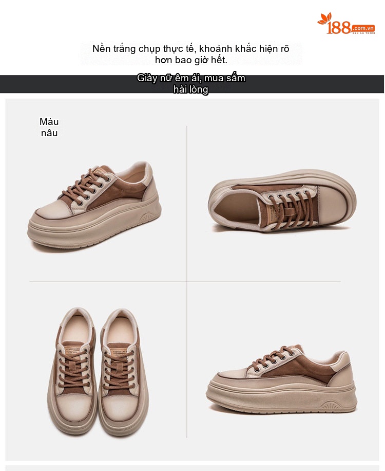 Giày Sneaker Nữ Da Bò Lớp Đầu Chiều Cao Đế Khoảng 4cm Phong Cách Hàn Quốc Màu Be, Nâu chi tiết 16